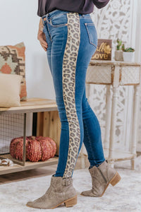 Jasmin Judy Blue Mid Rise Leopard Side Stripe Jeans